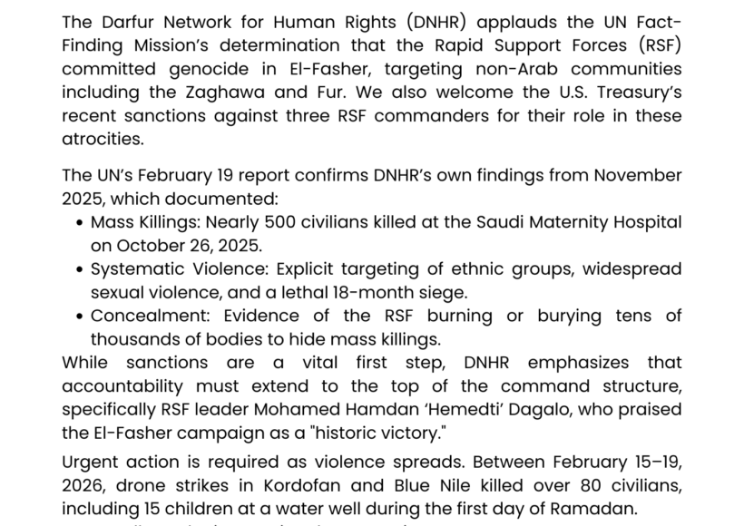 (DNHR) Welcomes UN Genocide Finding and U.S. Sanctions on RSF Commanders